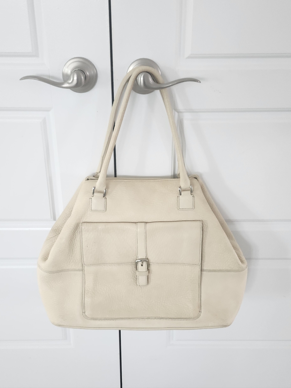Levenger $350 Large Pebbled Leather Tote Bag Ivory